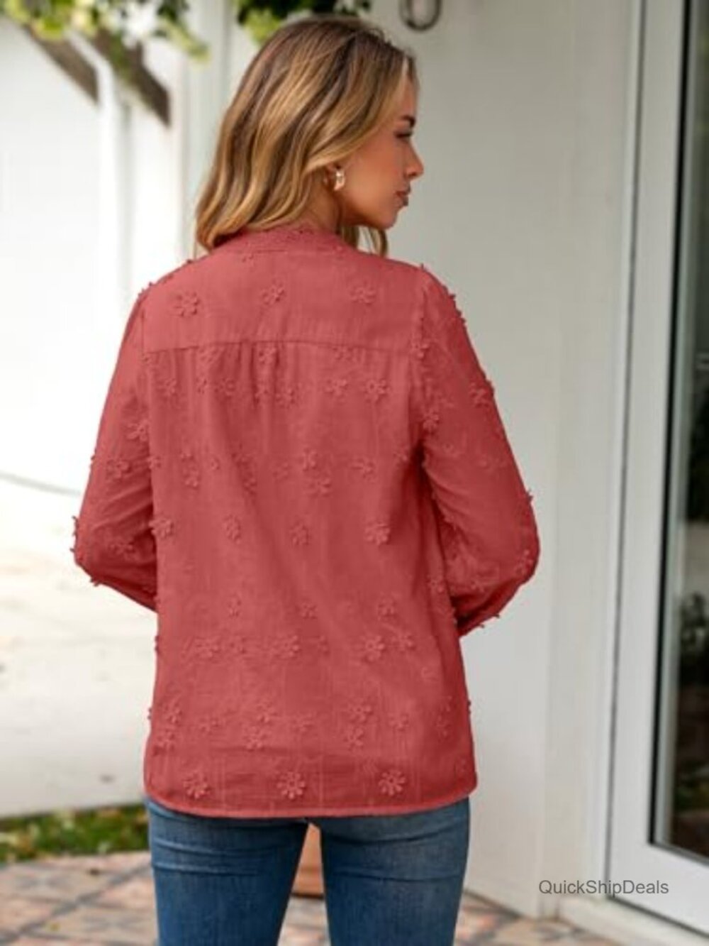 Women's 3D Floral Embroidered Blouse V Neck Button Lace Long Sleeve Boho Top - Picture 4 of 6